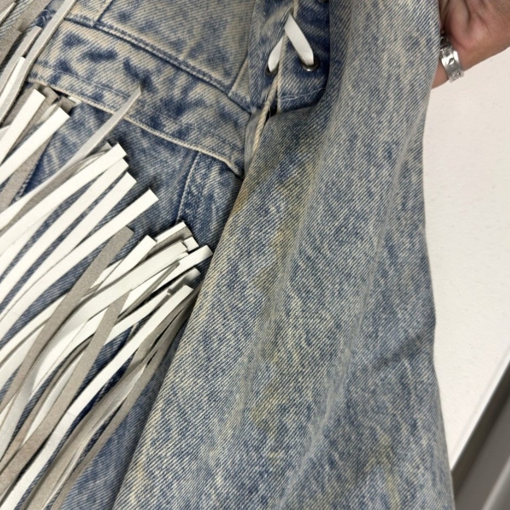 Vintage Acid Wash Denim Fringe Jacket Western 80s Boho Blue White Grey Leather - Picture 3 of 9